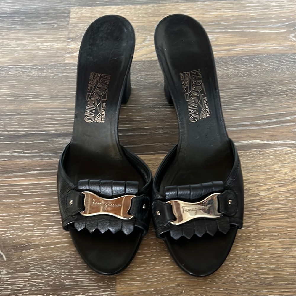 Black Salvatore Ferragamo slip on loafer slide sandals